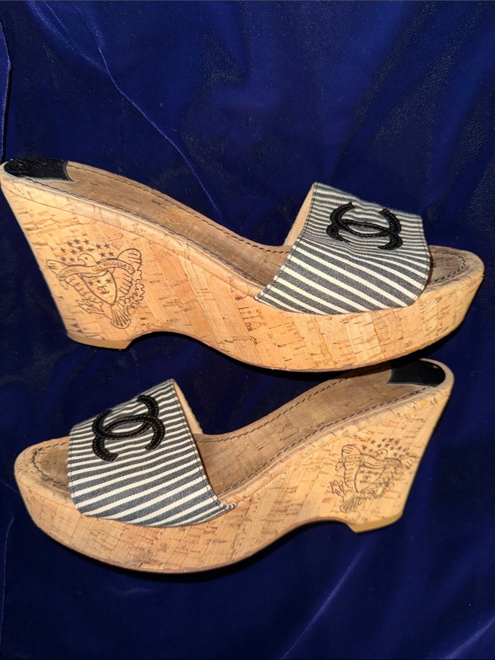 Auth 2008 Cruise Collection Chanel striped canvas cork wedge sandals 40 1/2